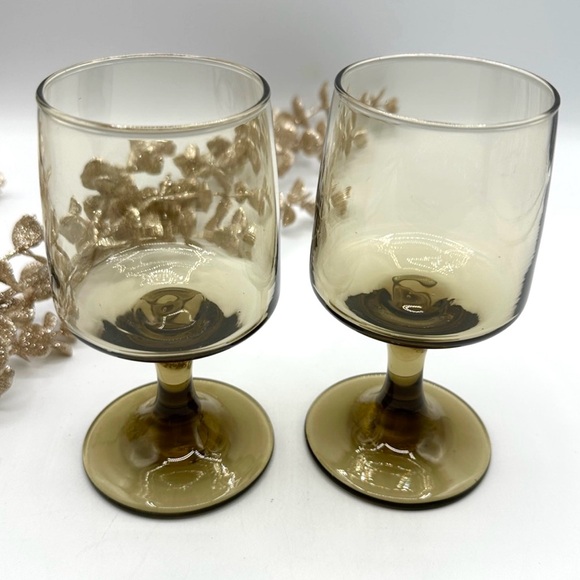 Libbey Other - 2 Libbey Smokey Tawny Modern 5.25” Wine Glasses, Retro & MCM #3
